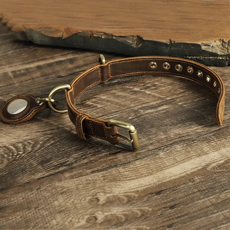Brown genuine leather retro dog collar with double-sided cowhide construction and halter design