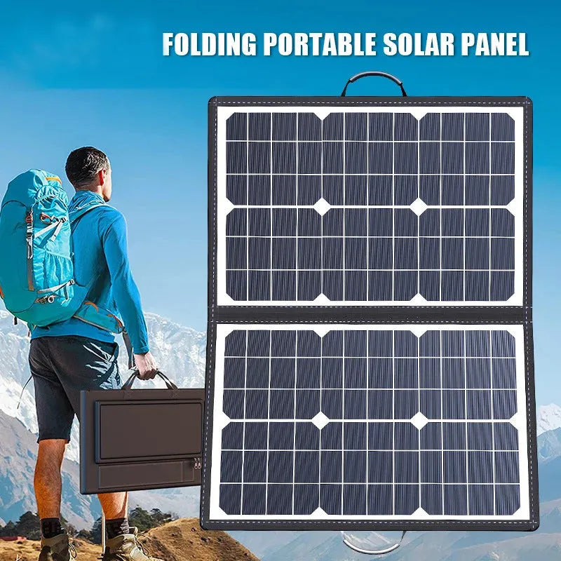 Black 40W solar folding bag charger showing folded dimensions and single crystal panel technology