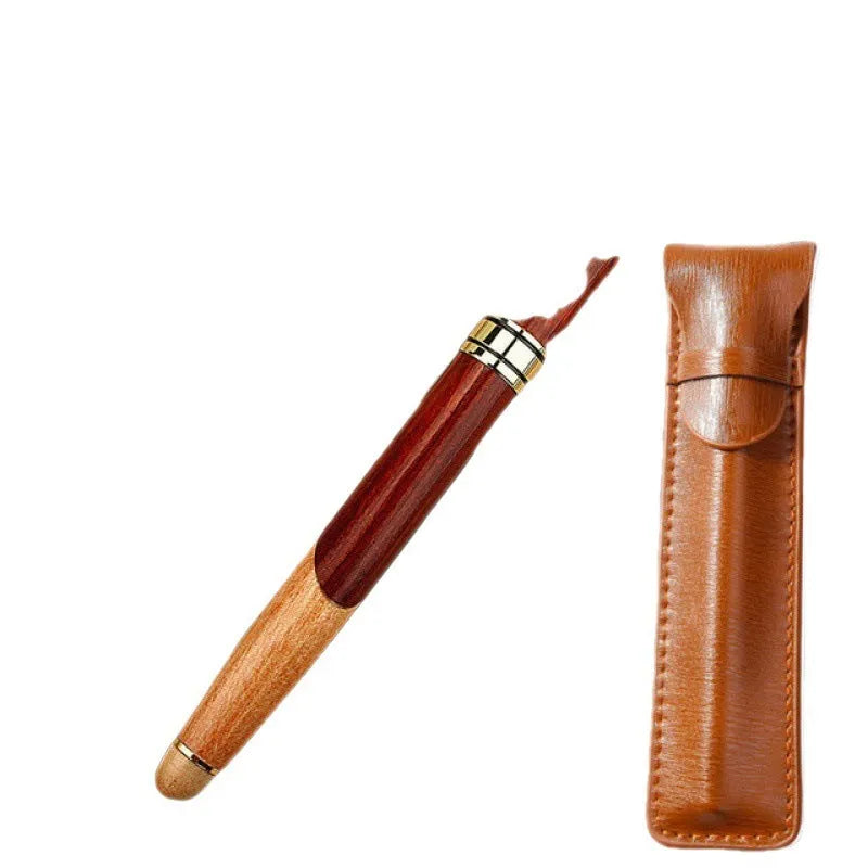 Wooden barrel fountain pen with brass metal components and included pen sleeve