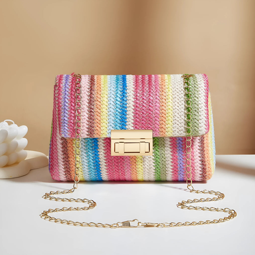 Women's straw cross-body bag with square shape and shoulder strap in rainbow colour