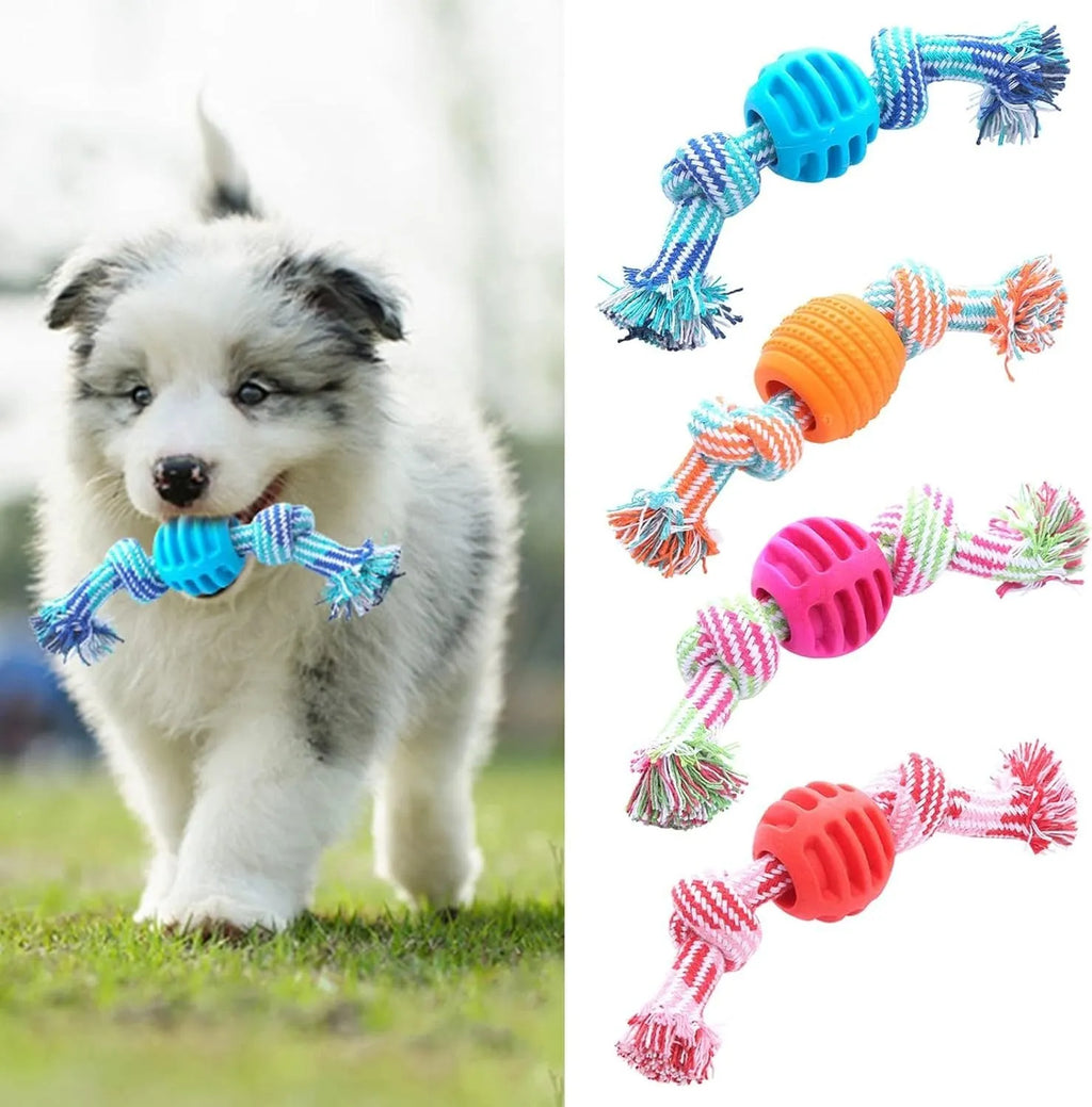 Blue dog chew toy with integrated rope strands for dental cleaning and play.