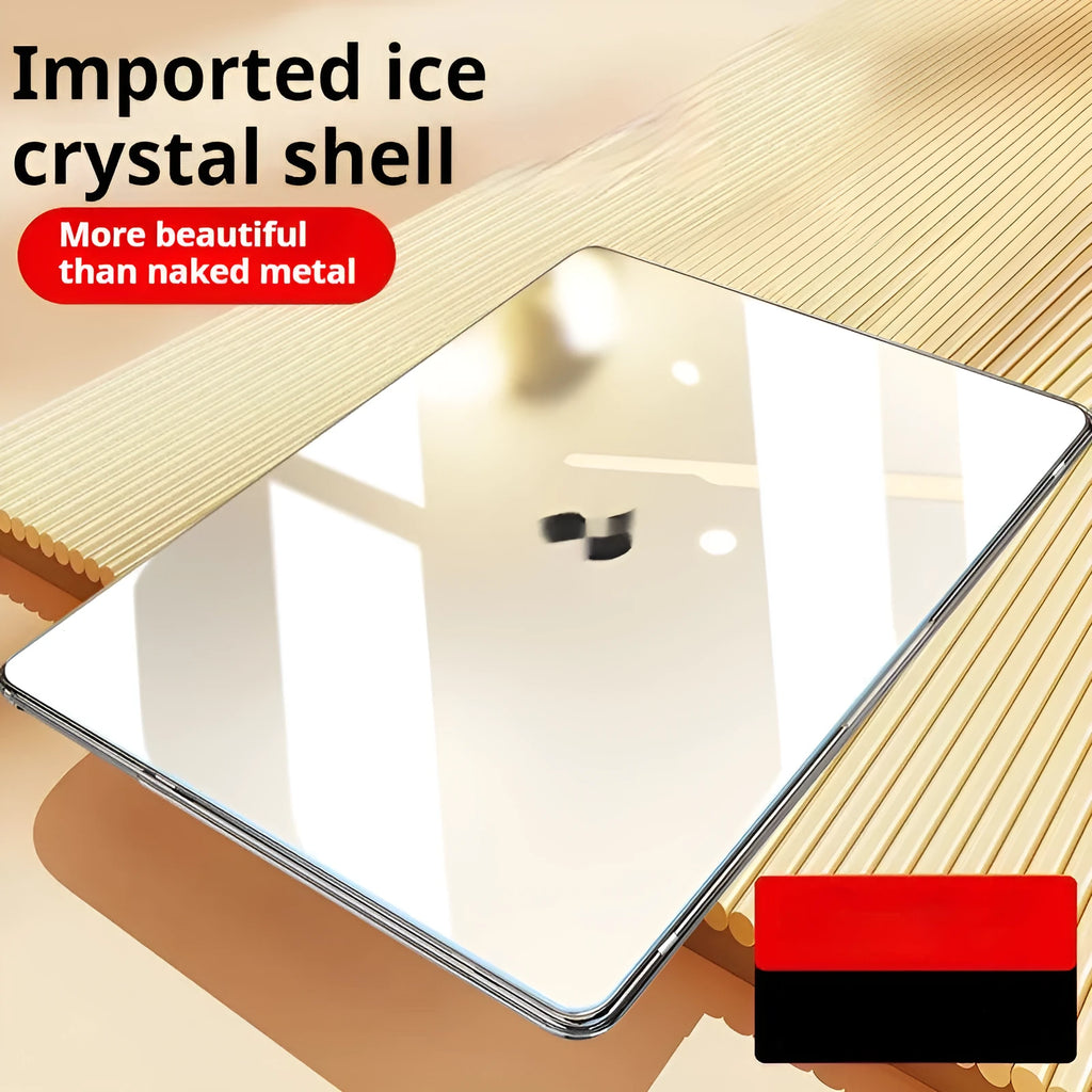 Transparent MacBook protective case shown on compatible laptop in ice crystal clear and black tinted options