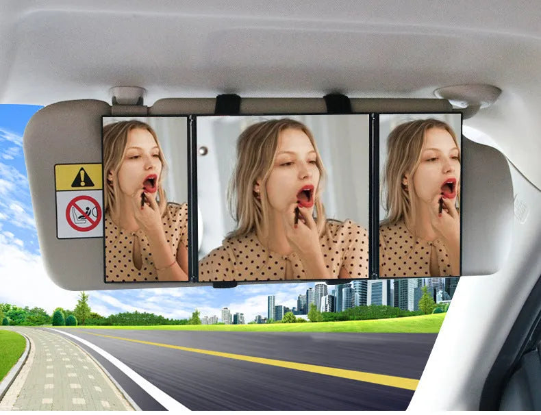 Silver car folding makeup mirror shown both closed and open with dimensions