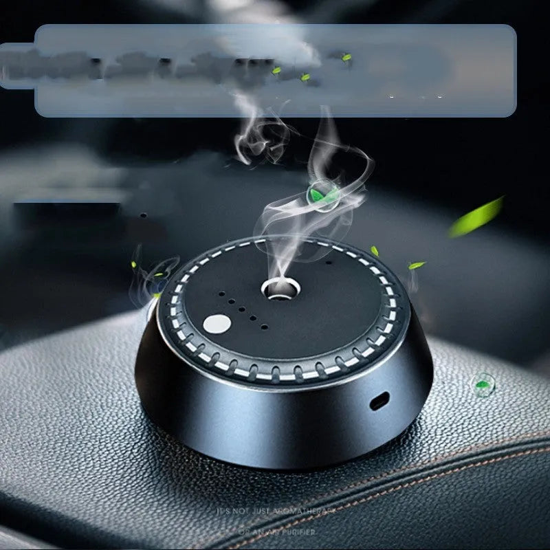Black metal car aroma diffuser with USB charging port and compact 9x4.5cm dimensions