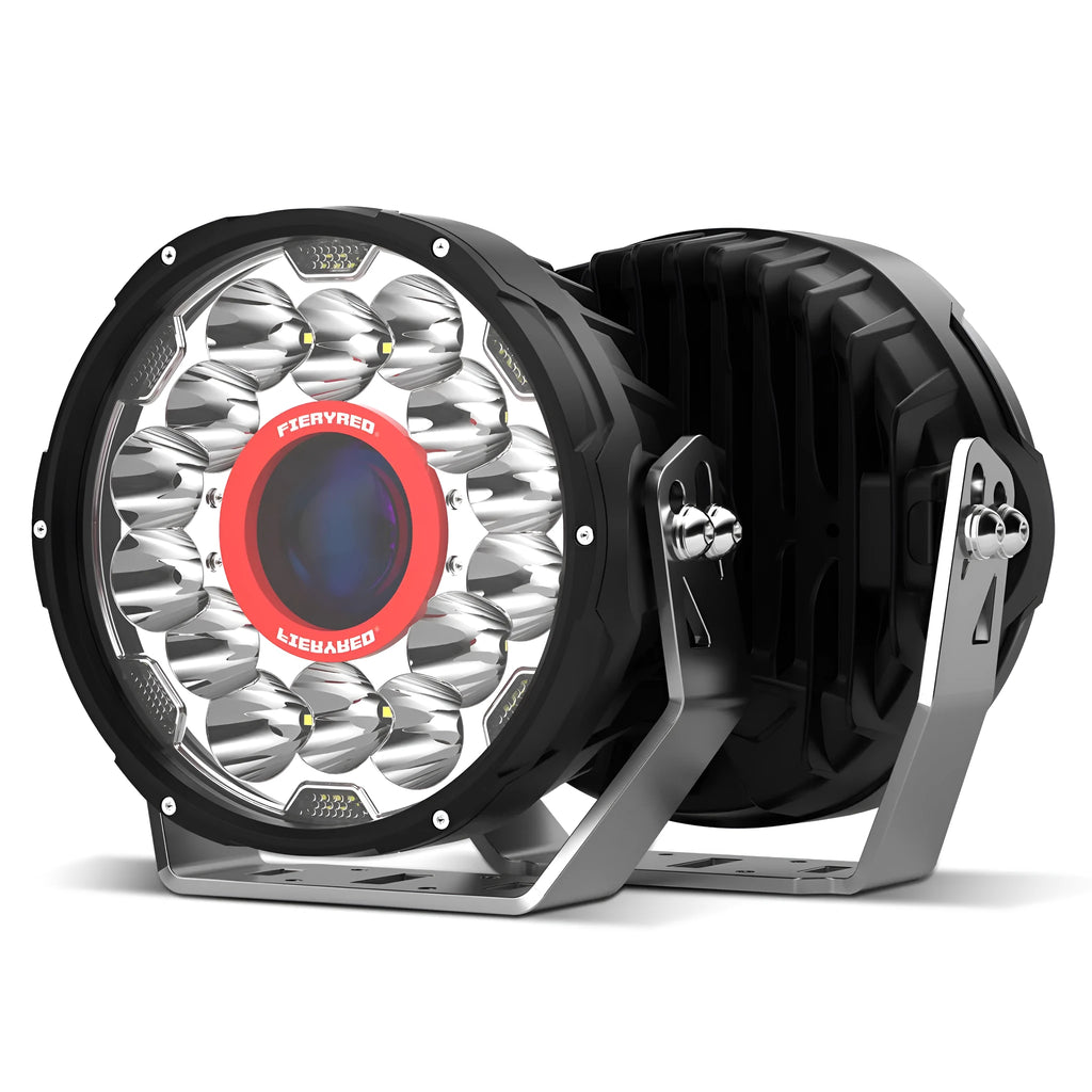 Pair of 7-inch round LED waterproof off-road vehicle lights with red housing