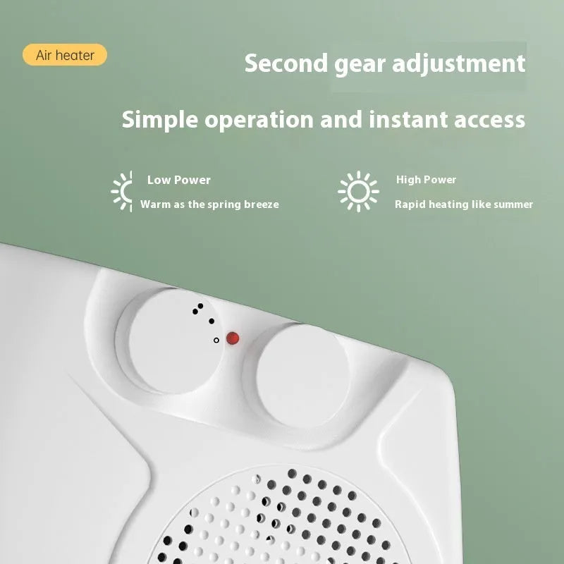 White compact ceramic electric heater with dual power settings for desktop use