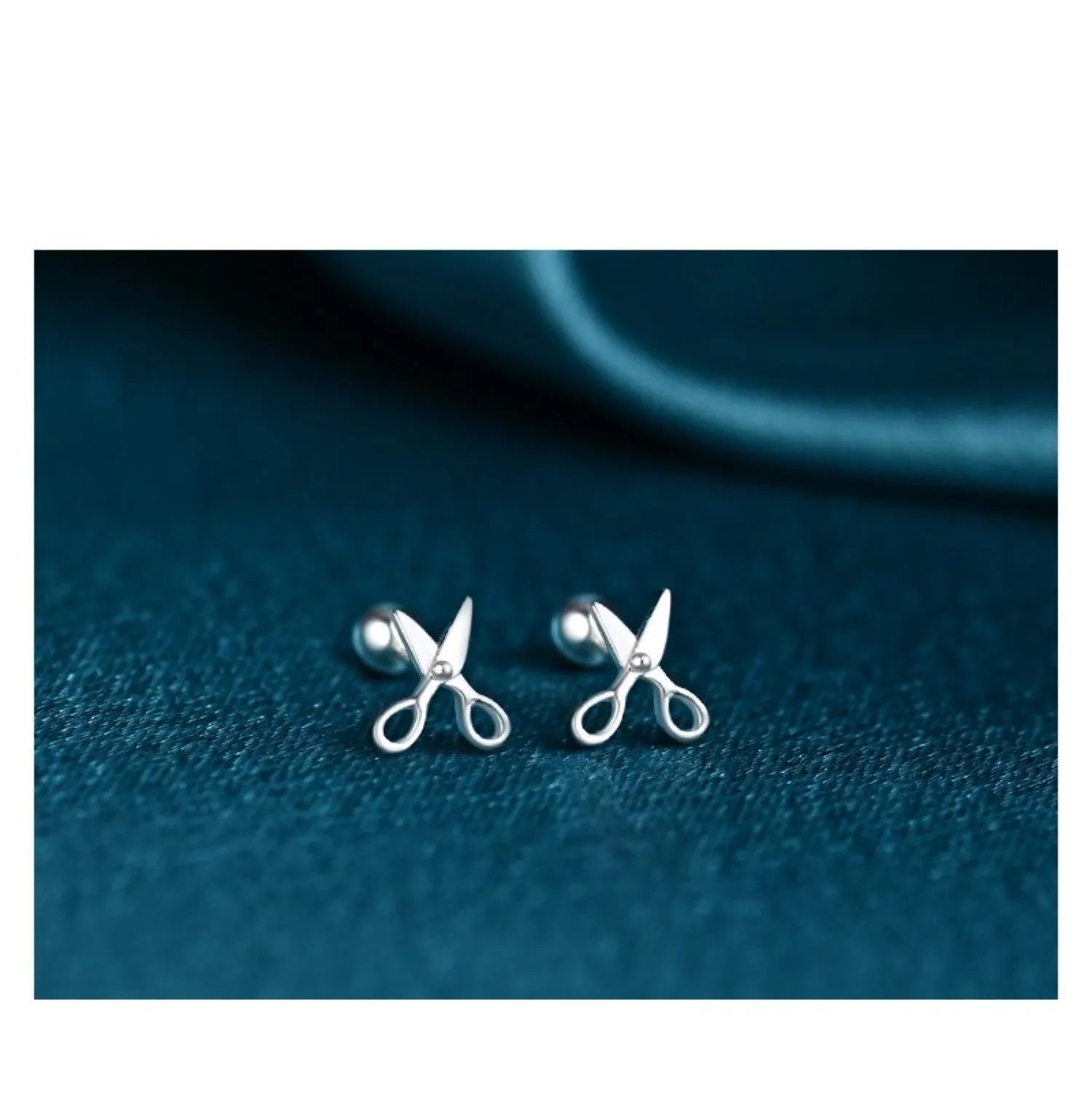 Pure silver screw style ear nail earrings with miniature scissors decorative detail