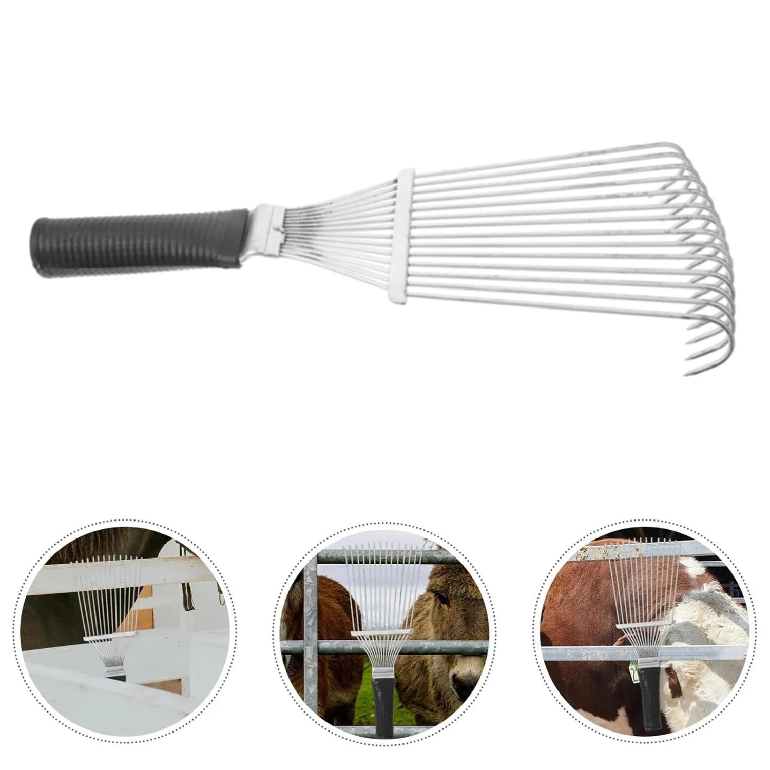 Black stainless steel animal grooming rake with curved teeth, 33 cm length