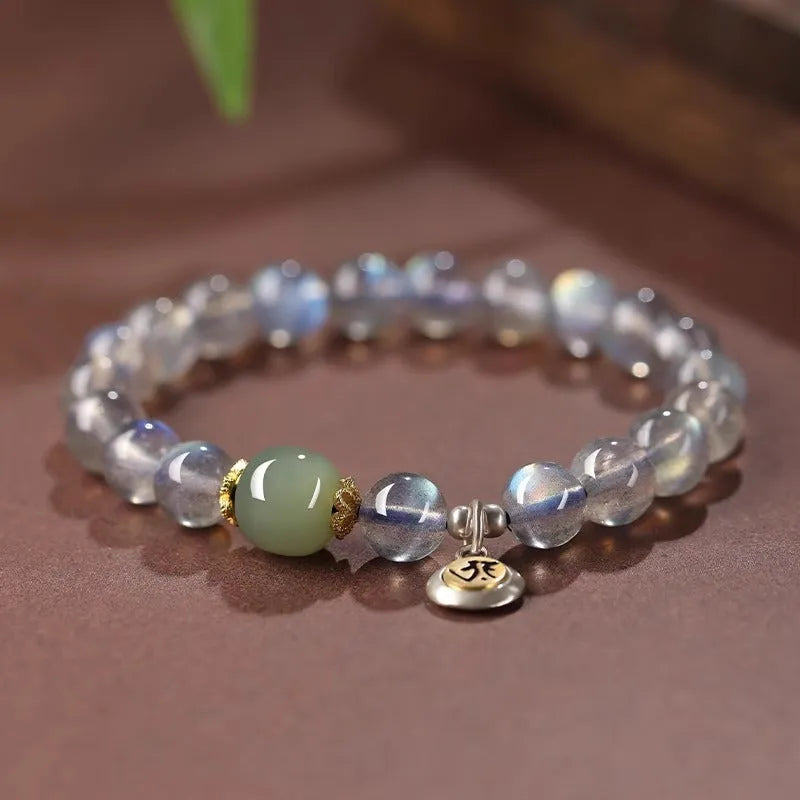 Moonstone Buddhist prayer beads bracelet with electroplated finish and Kwan-yin mouse design