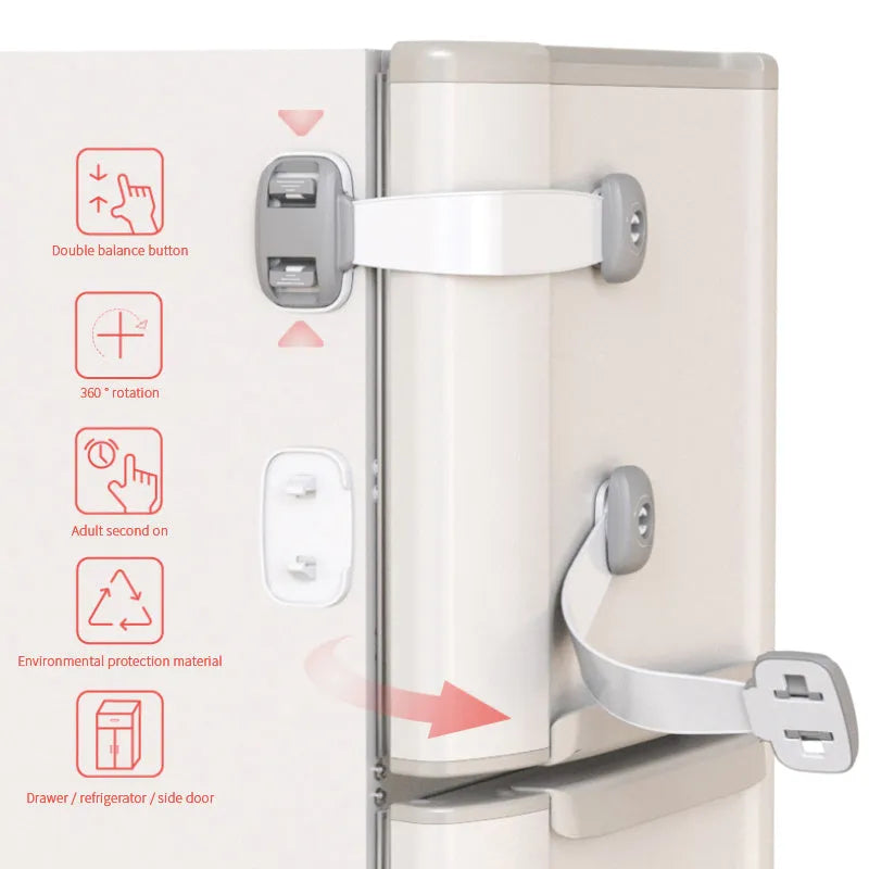Adjustable grey child safety lock strap installed on a cabinet door