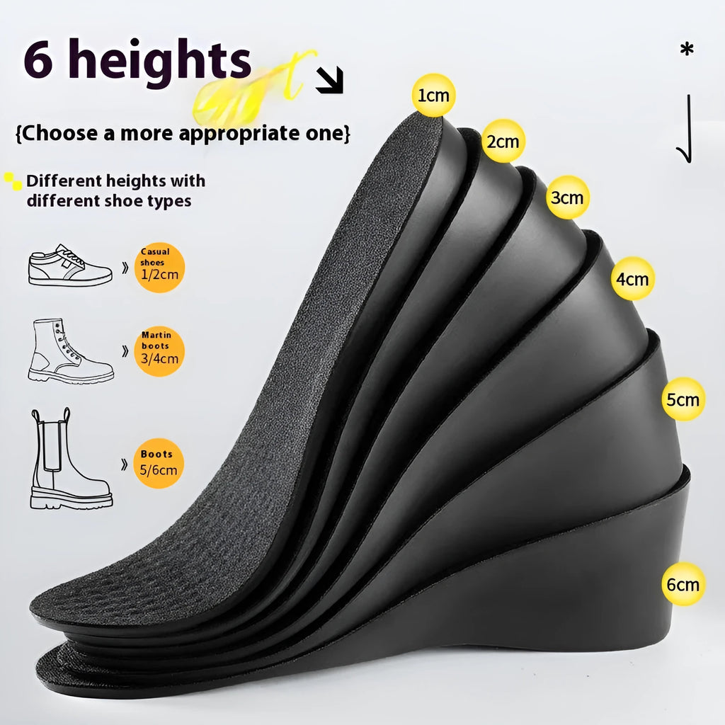 Invisible black PVC height increasing insole for men with 4cm lift, placed inside a shoe