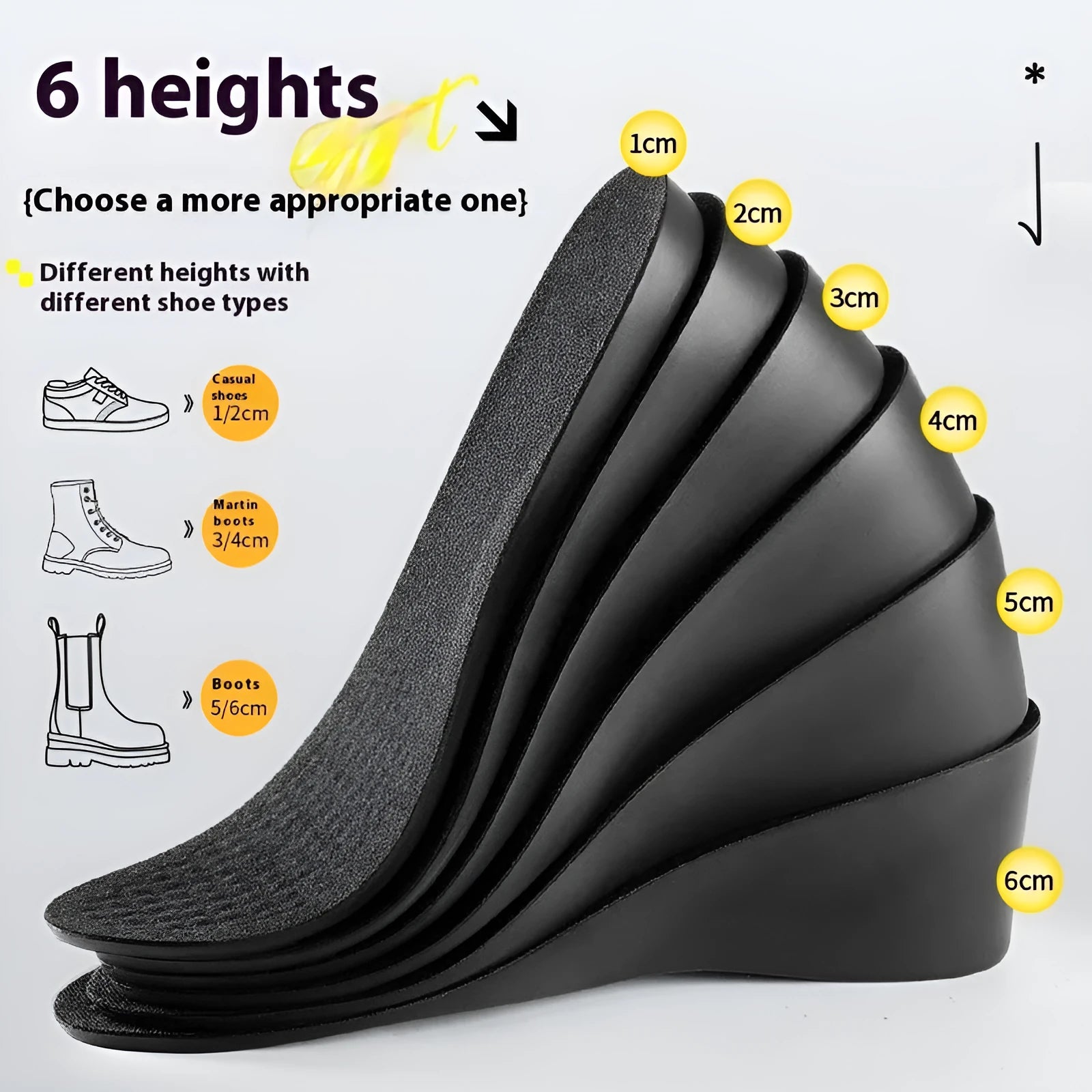 Invisible black PVC height increasing insole for men with 4cm lift, placed inside a shoe
