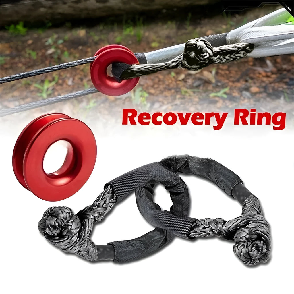 Colourful polymer soft shackle trailer rope for off-road vehicle recovery with 17-tonne load rating.