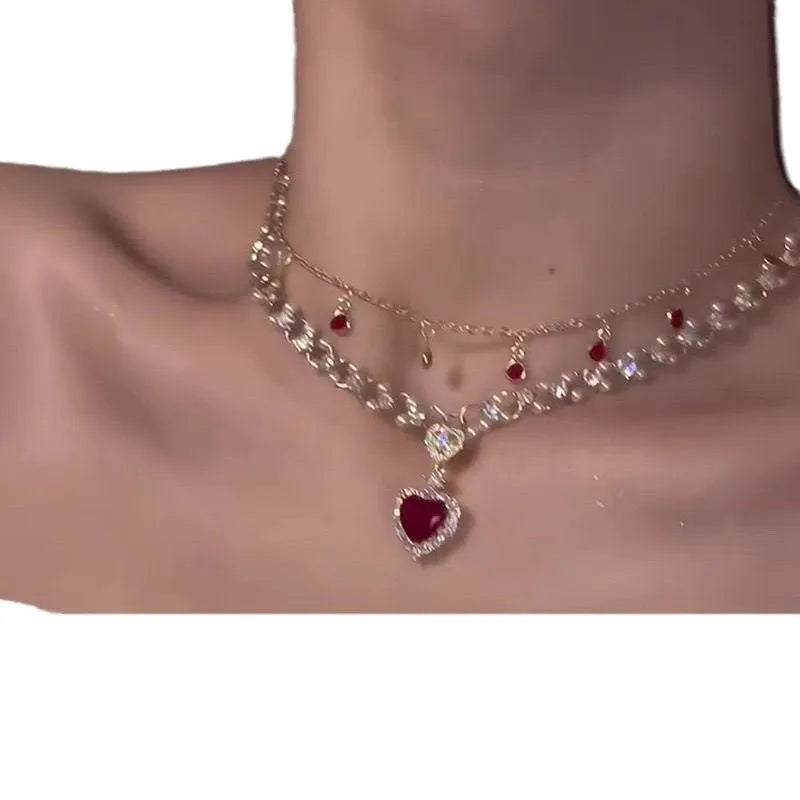 Red love heart pendant on double layer adjustable alloy necklace