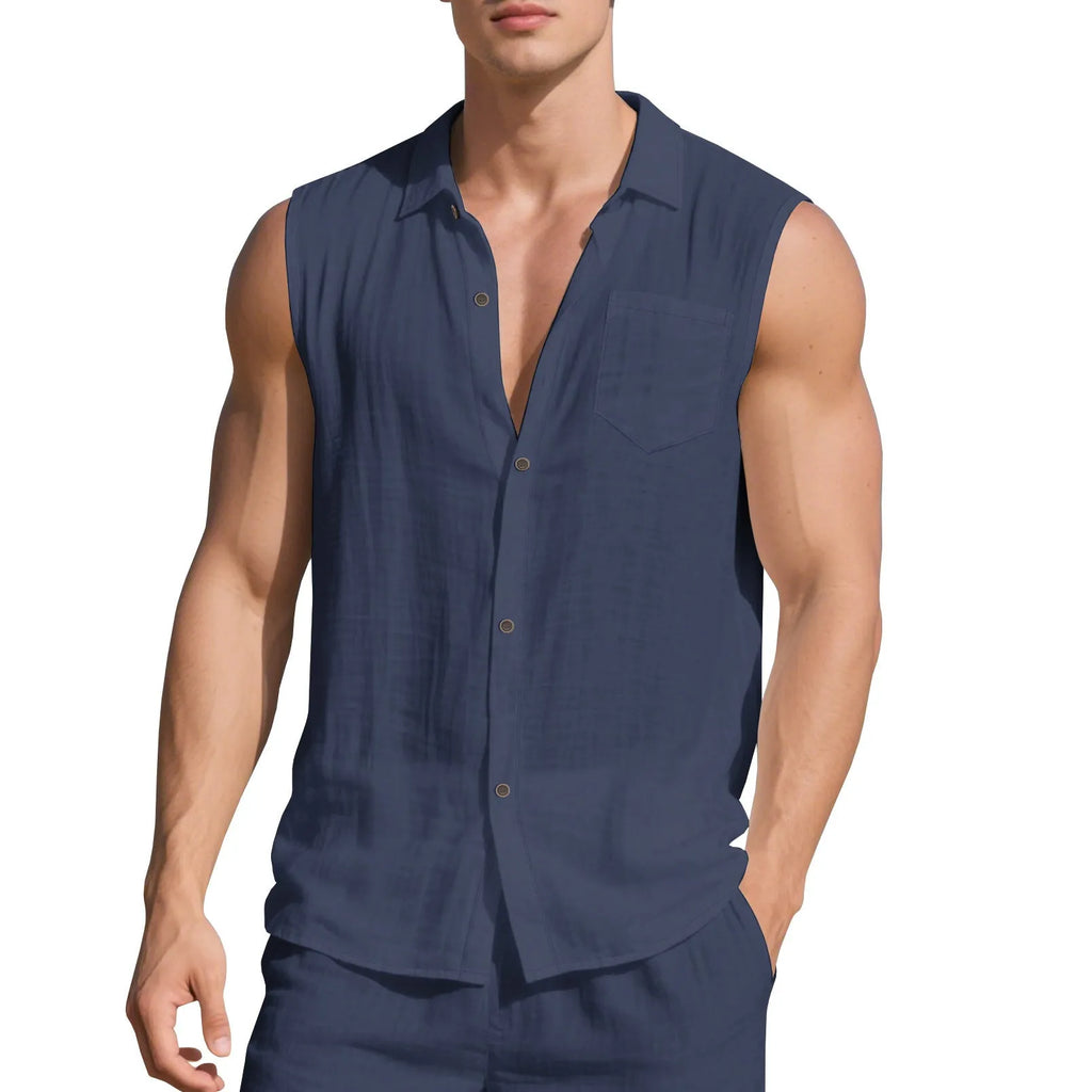 Men's sleeveless linen cardigan vest with polo collar in light blue colour showing loose fit design