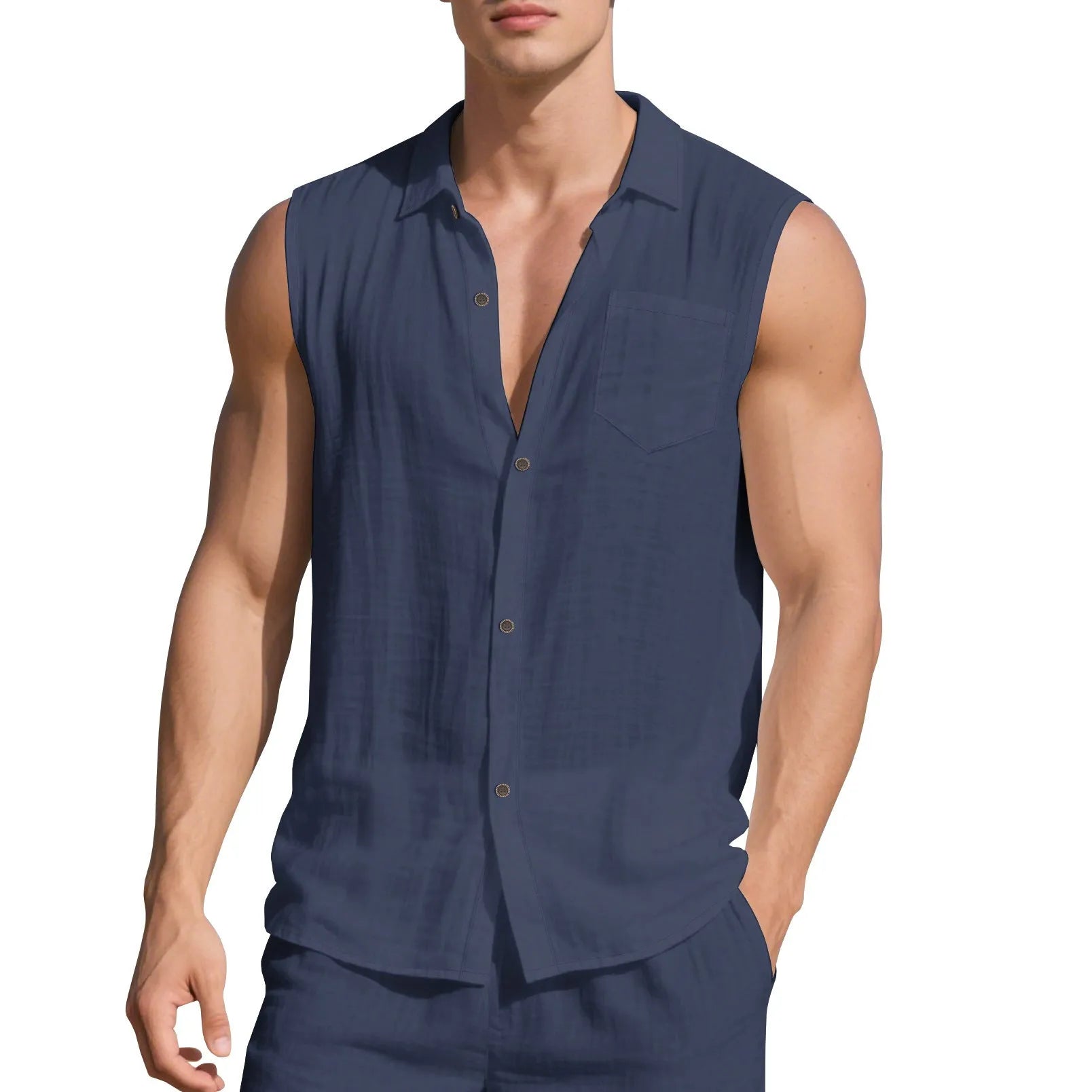 Men's sleeveless linen cardigan vest with polo collar in light blue colour showing loose fit design