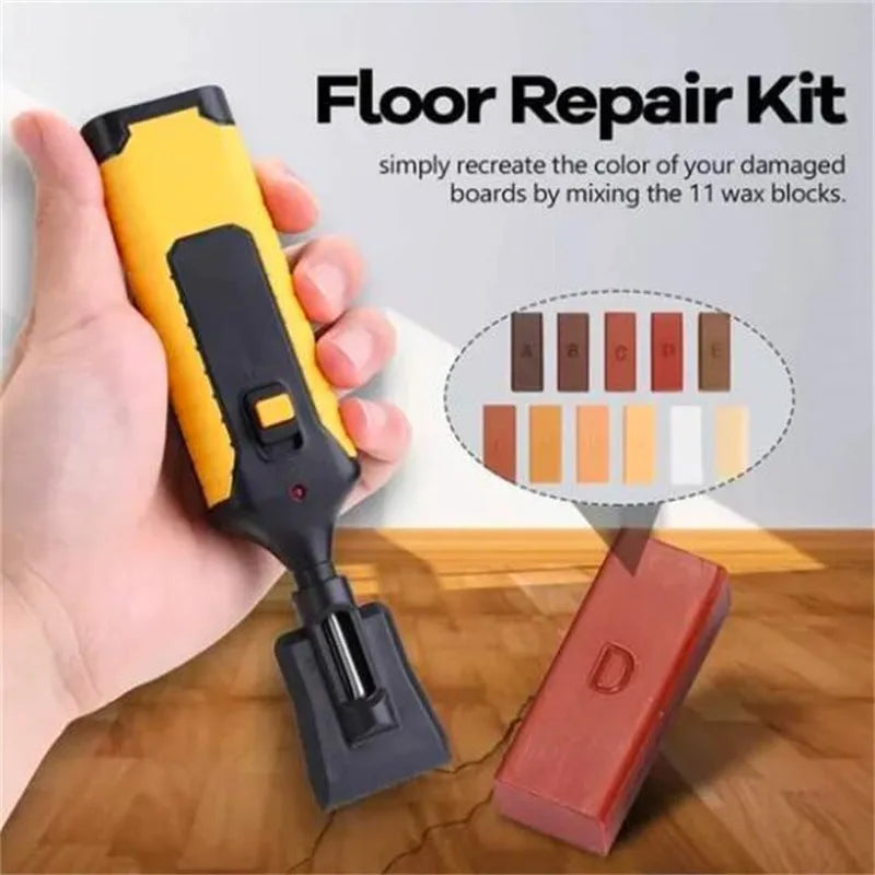 Floor repair tool set for DIY tile repair with red or yellow handles and wax components