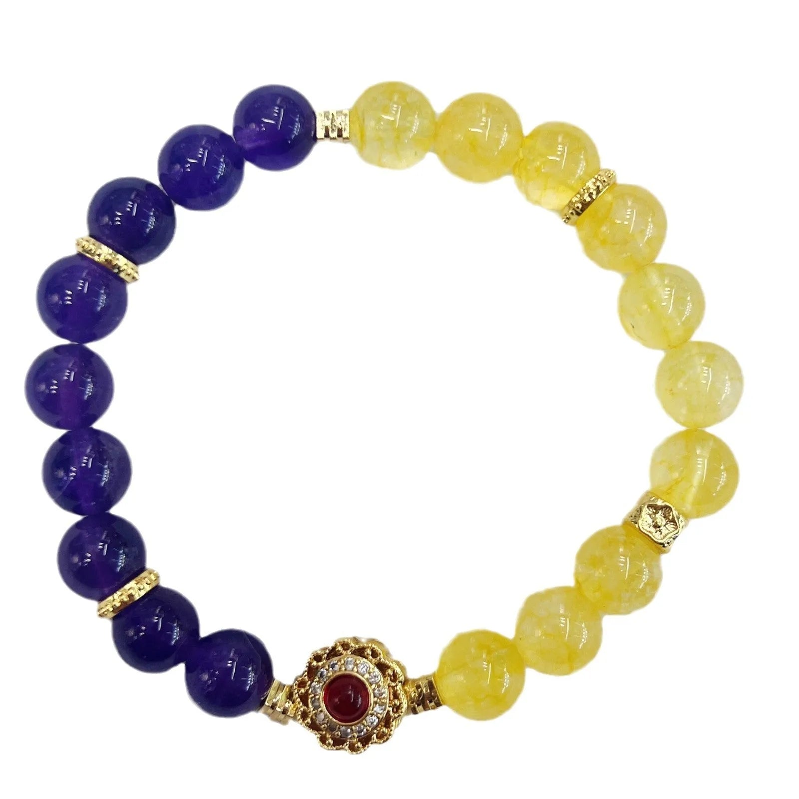 Handmade women's yellow and purple bracelet with amethyst and crystal beads featuring adjustable sliding knot closure