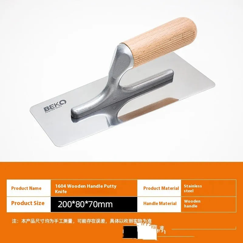 Stainless steel putty scraper with wooden handle for floor and wall plastering work