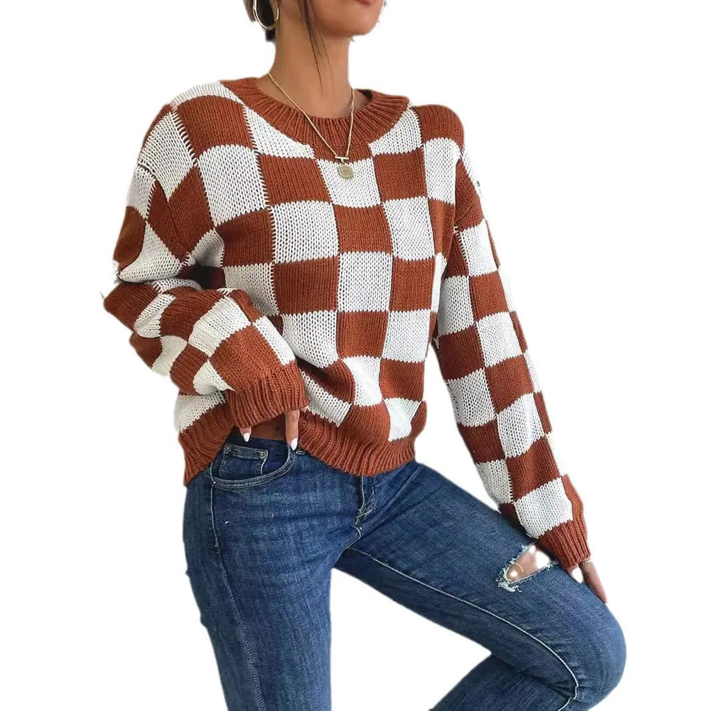 Dark brown acrylic pullover sweater with chessboard plaid pattern and loose fit