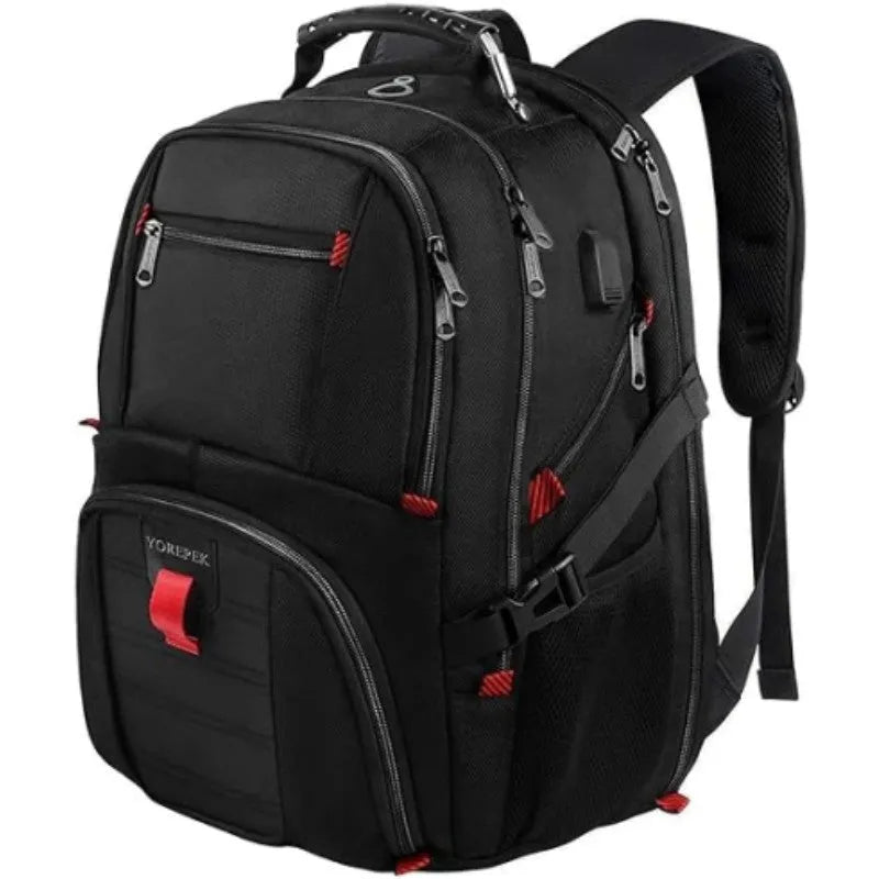Large capacity waterproof Oxford cloth backpack in black, red, or sky blue with curved shoulder straps