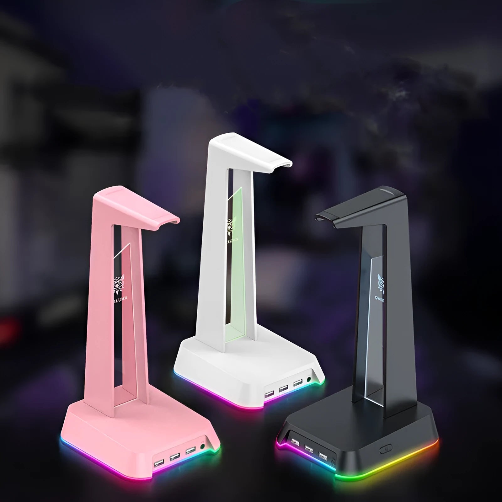 Illuminated headphone stand with Symphony RGB lighting and USB hub in black