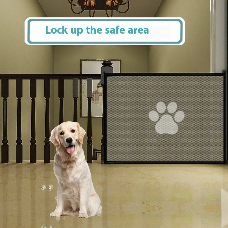 Portable folding dog barrier with plastic rod framework and cloth mesh in doorway with paw print pet doorsill