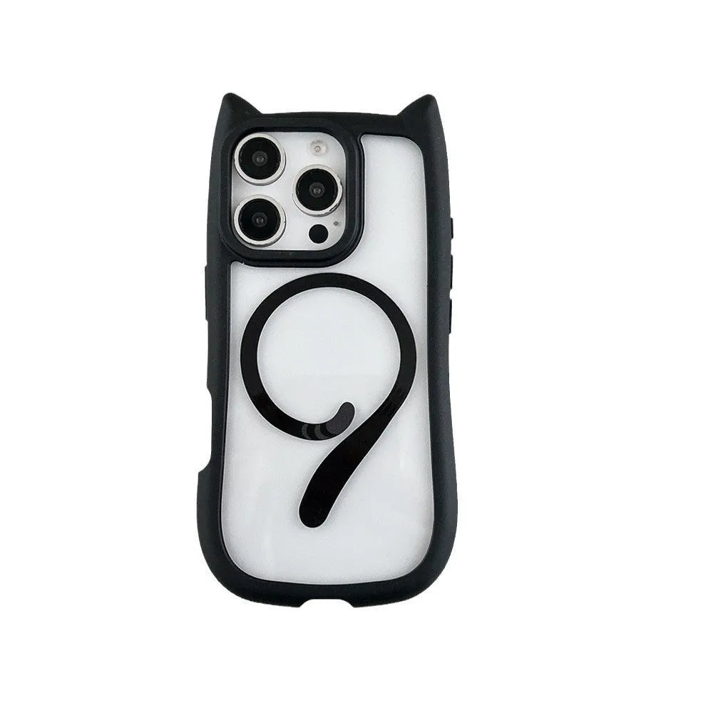 Transparent acrylic and TPU iPhone 17 phone case with magnetic suction in black, blue, grey, and pink colour options.
