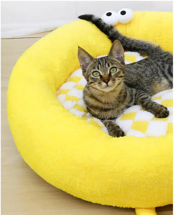 Long plush pet nest bed for small medium dogs in black, pink, or yellow with raised rim and three size options