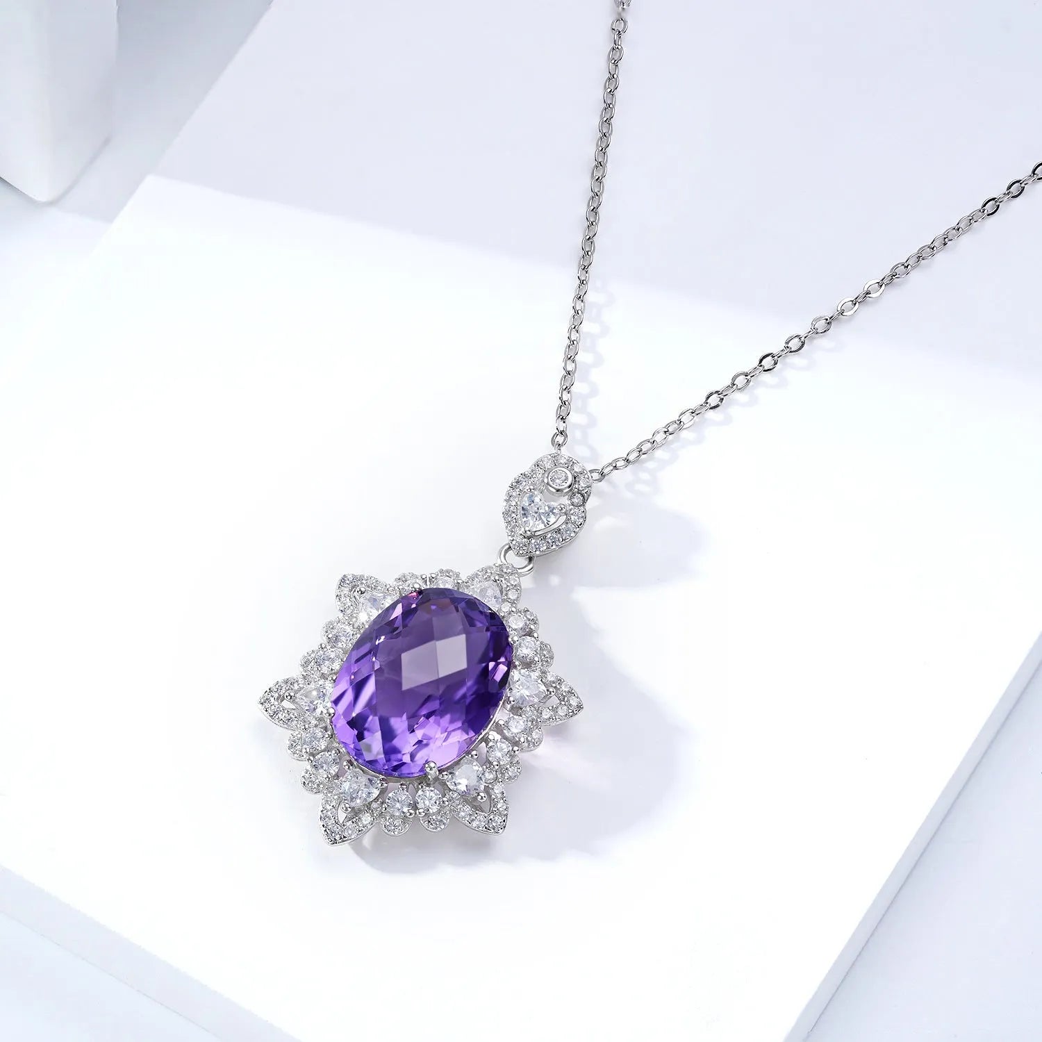 Natural amethyst necklace in 925 silver, geometric pendant, chain length 40+5cm, white silver colour