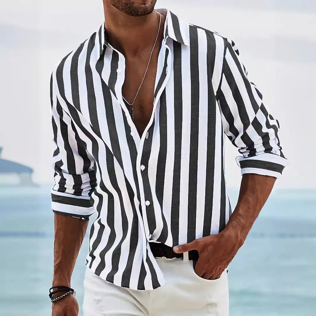 Man wearing a loose fit yarn-dyed striped long-sleeved casual shirt in British cardigan style.