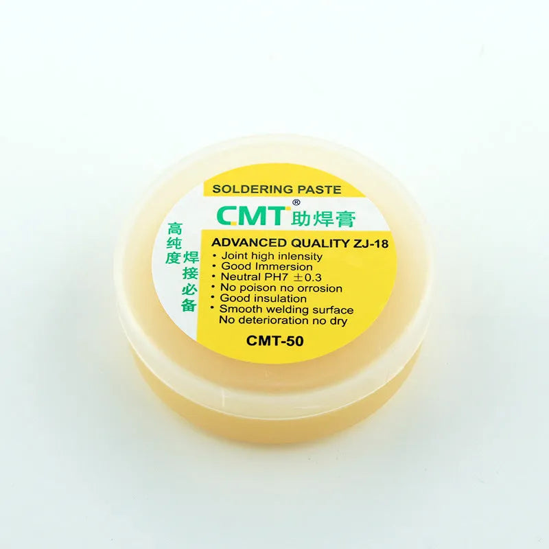 CMT high-purity rosin soldering flux paste in 50g and 85g sizes for electric soldering irons