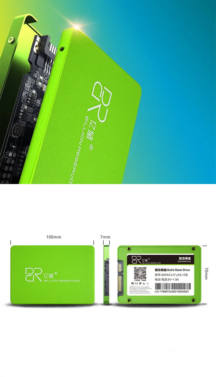 Black 2.5-inch SATA solid state drive showing five capacity options from 128GB to 2TB.