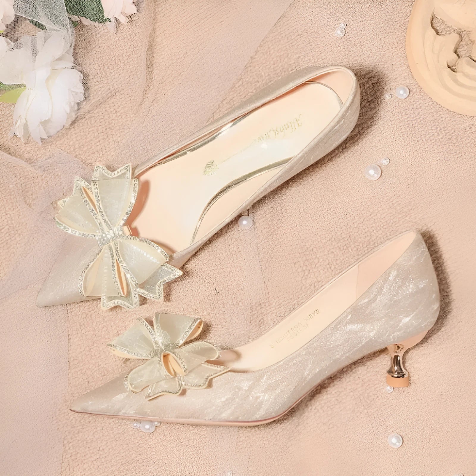 Women's champagne gold crystal sequin stiletto high heels with pointed toe for wedding events