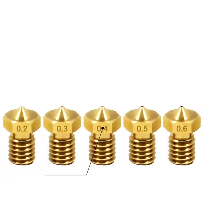 Brass 3D printer nozzle with M6 thread, shown with selection of outlet aperture sizes from 0.2mm to 1.0mm.