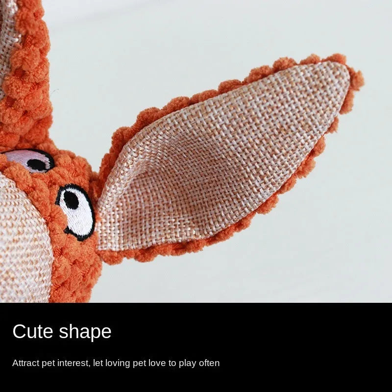 Four animal-shaped dog plush toys with squeakers: donkey, elephant, orangutan and rabbit designs