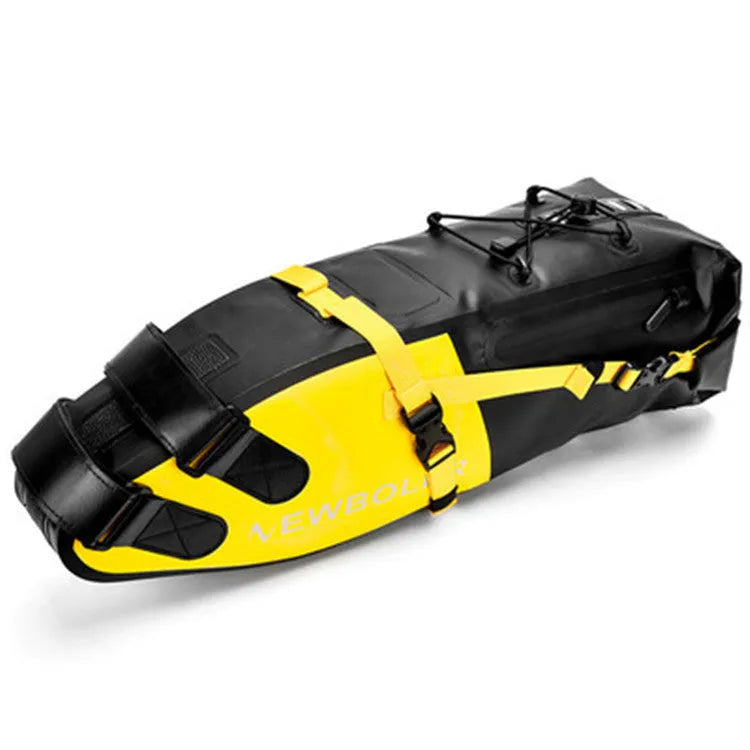 Large waterproof PVC bicycle tail bag in black, green, or yellow, showing 13-litre capacity.