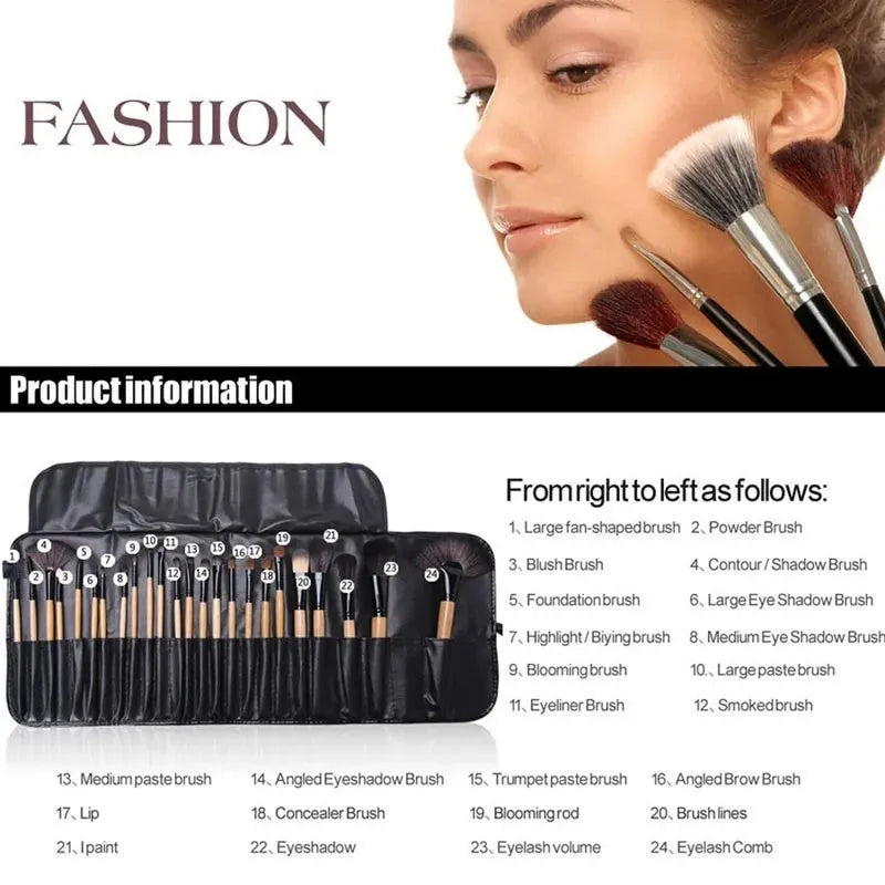 24 professional makeup brushes with wooden handles in a gift bag including eyebrow, foundation and powder brushes