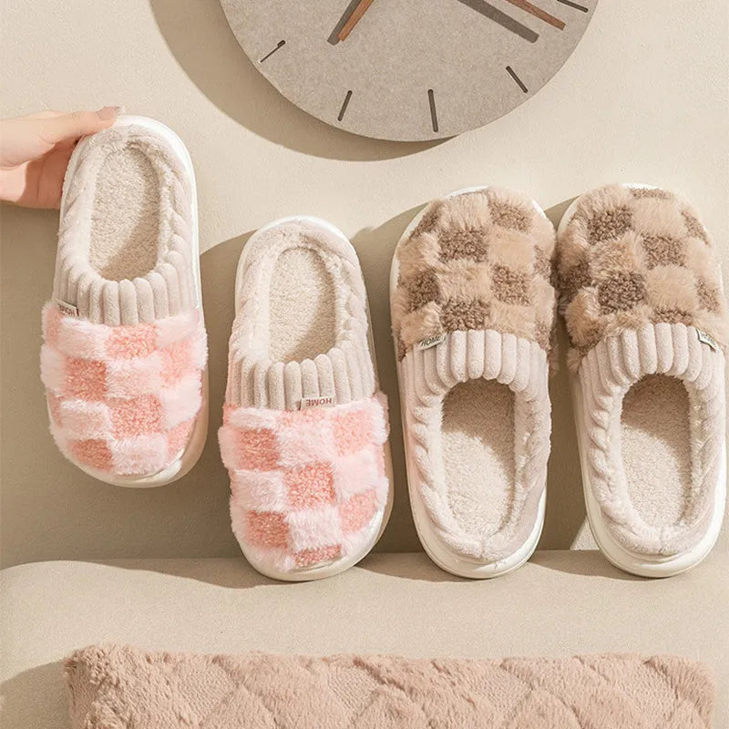 Women's plaid plush slippers in coffee colour with round toe and non-slip sole
