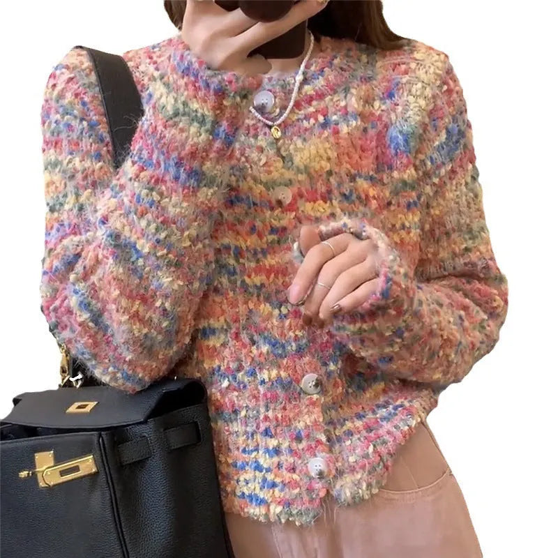 Rainbow patterned knitted cardigan sweater in green colour with toothbrush hair texture