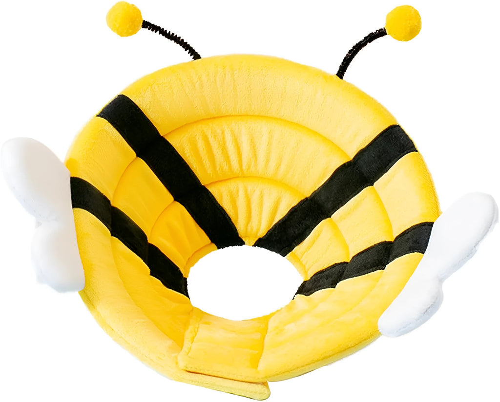 Soft cat cone collar with cute bee design shown on cat