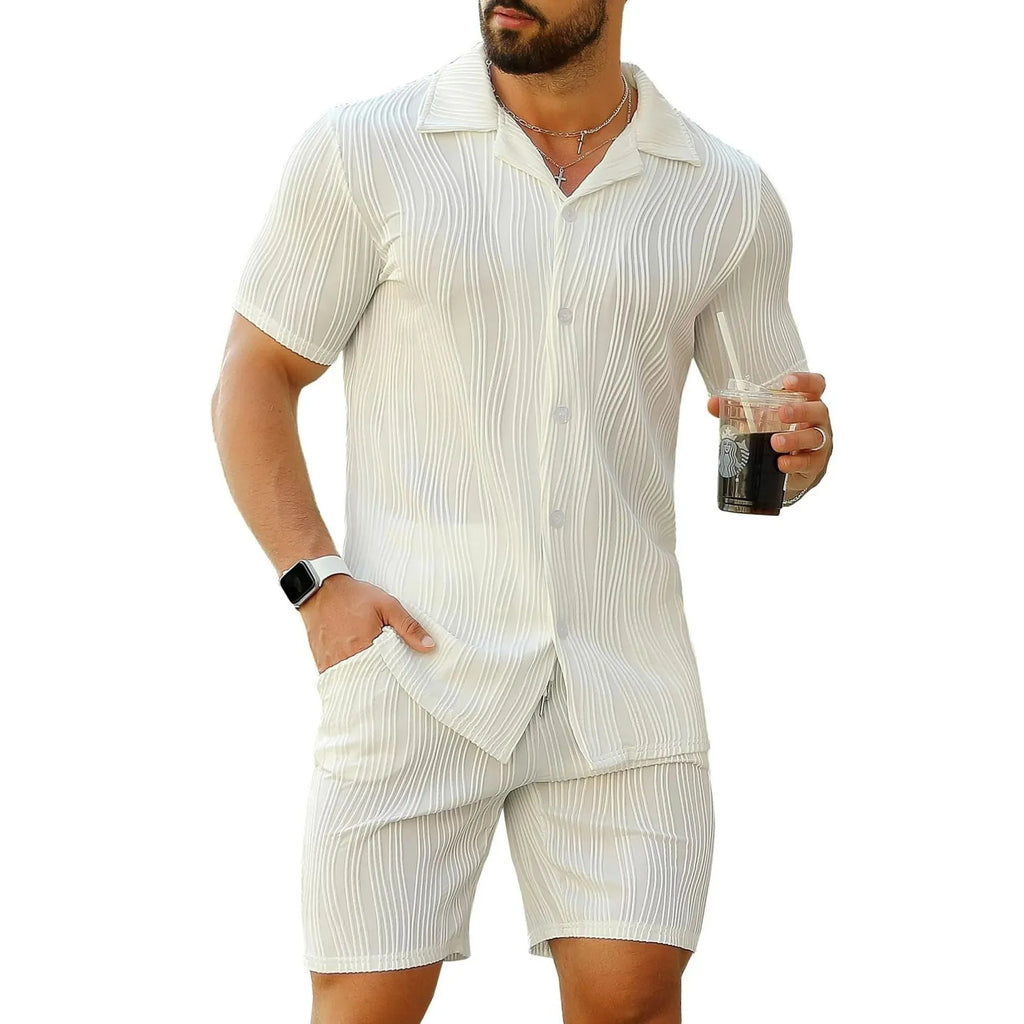 Men's casual summer suit with wave pattern design showing short-sleeved top and matching shorts