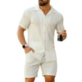 Men's casual summer suit with wave pattern design showing short-sleeved top and matching shorts