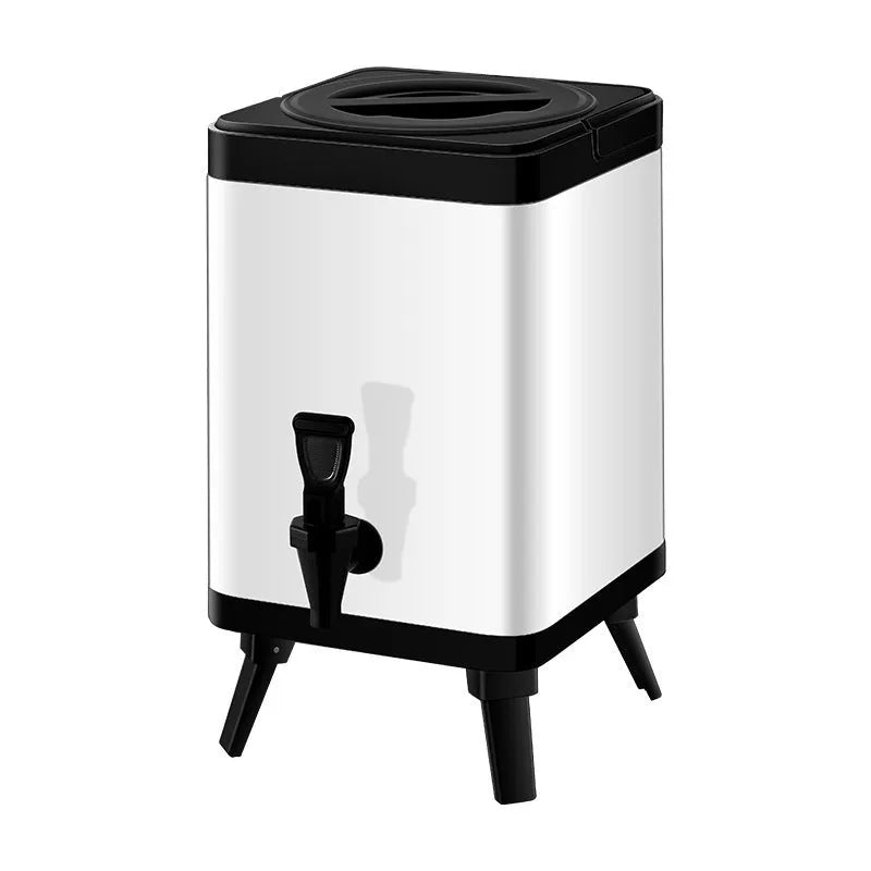 Silver stainless steel milk tea bucket with square lock closure showing 8 litre capacity for commercial beverage storage