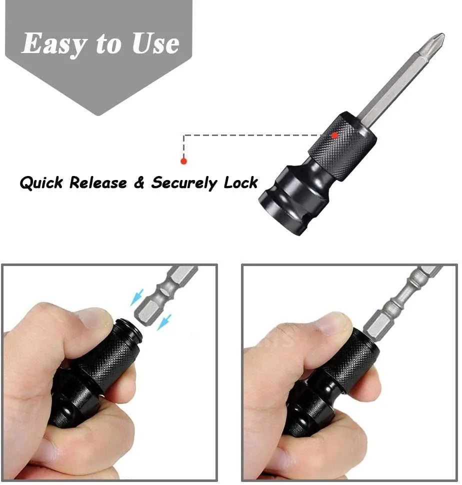 Scaling bit holder for 1/2 to 1/4 inch wrench bits with telescopic sleeve