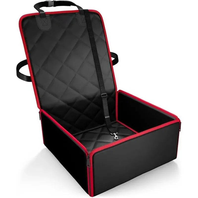Black pet car pad with non-slip base on vehicle front seat, measuring 42x42x20cm