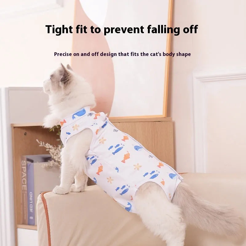 Colourful polyester cat recovery suit with velcro straps for post-sterilisation wound protection.