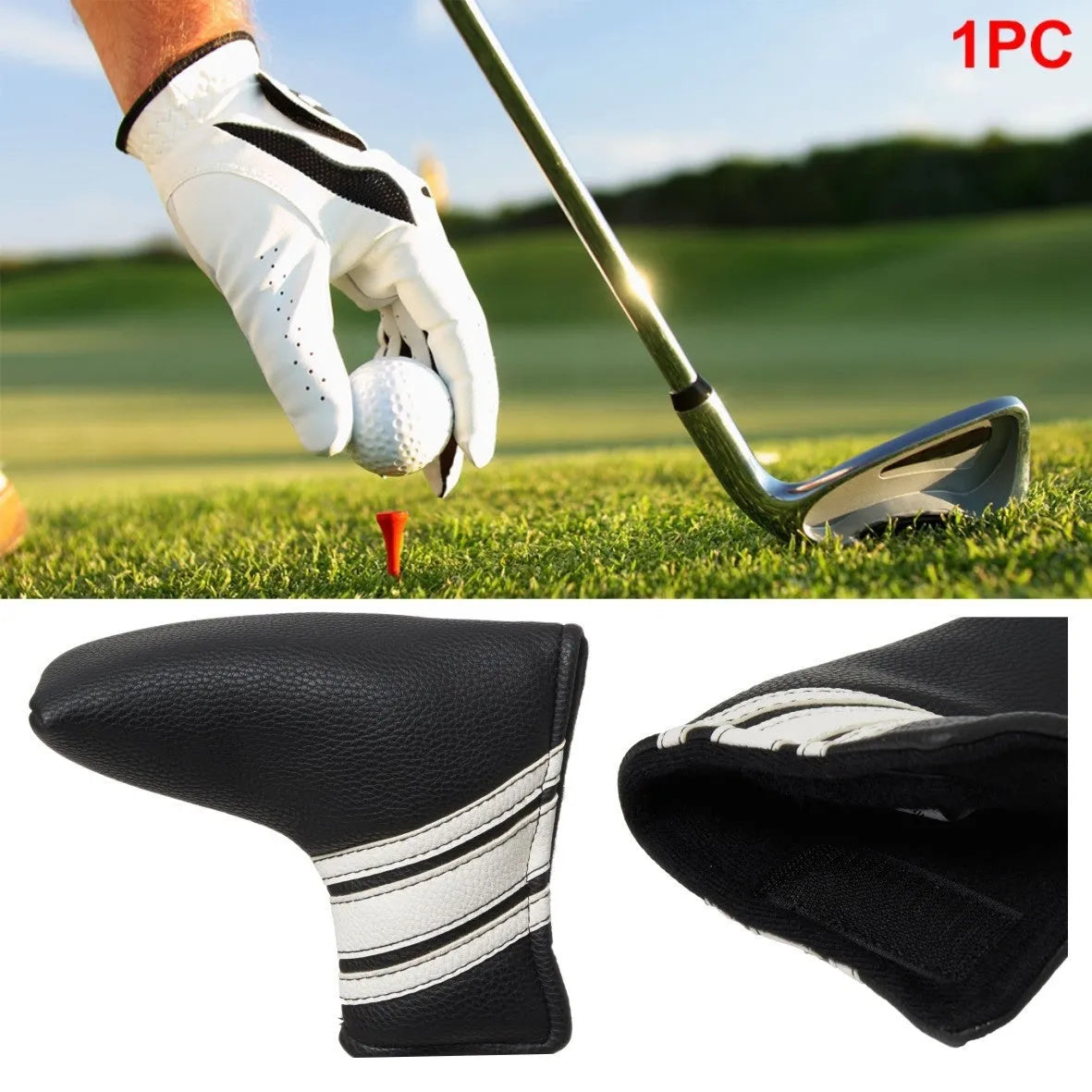 Black PU leather golf push rod head cover shown as a protective sleeve.