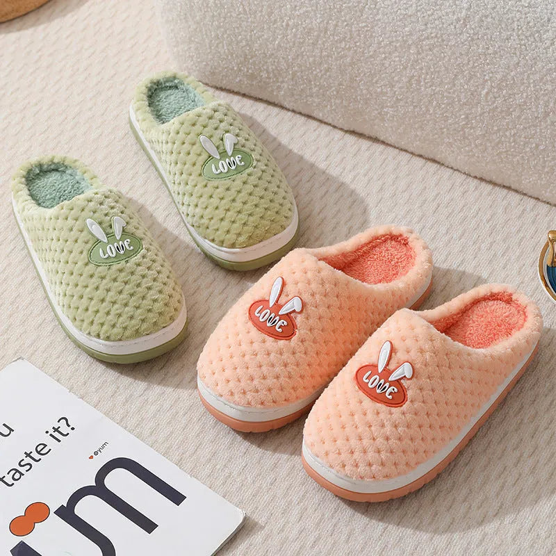 Women's plaid design artificial fur house slippers with a thick rubber non-slip sole in apricot colour