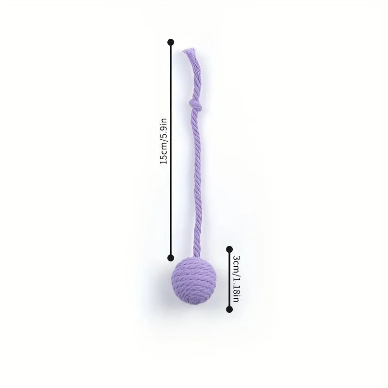 Colourful cat toy ball with rope attached and internal bell for kitten play stimulation